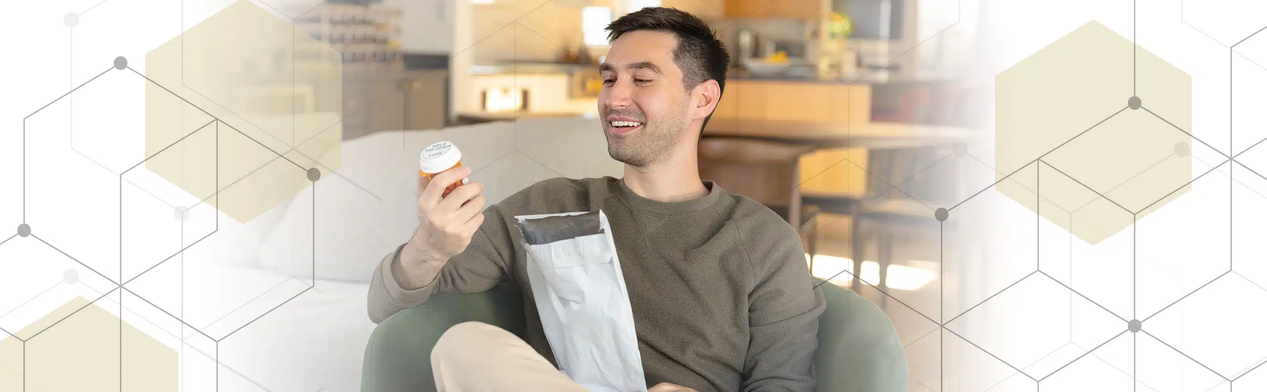 a man is opening his package of supplements delivered to his home